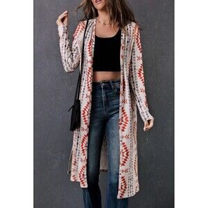 Tulip Lane Longline Open Front Cardigan Womens Size Medium Gray Aztec Western
